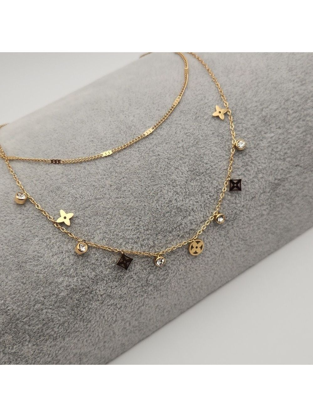 Layered Charm Necklace 18k Gold Plated Stainless Steel , Clover Design